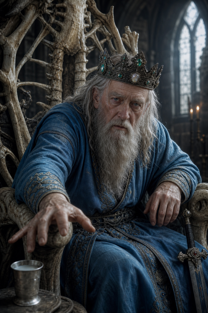 Very elderly Prester John with long white-gray hair and beard, gray eyes, sky-blue robe, and an iron crown set with emeralds and opals, reaching toward a silver milk cup from the Dragonbone Chair