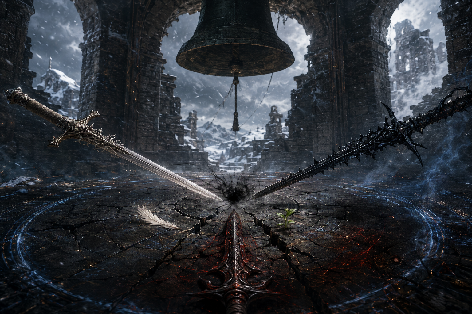 Three ancient swords converging above a broken ritual circle while a white feather and green shoot interrupt the frozen magic