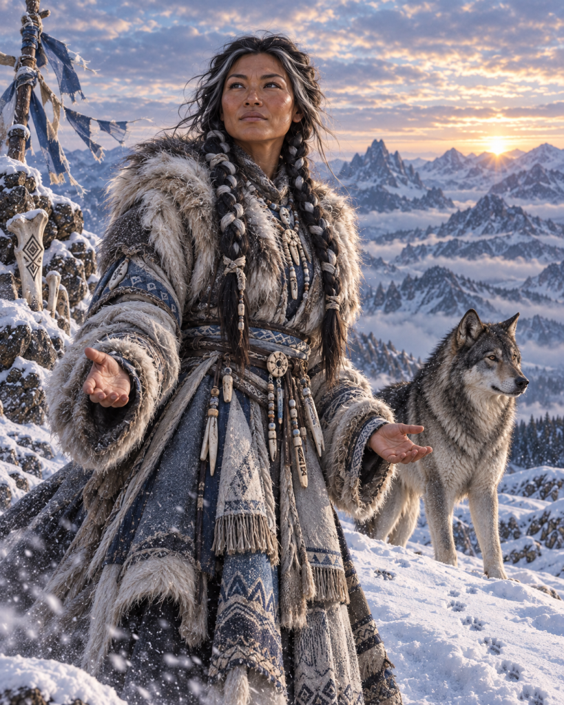Qanuc devotional interpretation of Qinkipa of the Snows with Qantaqa on Mintahoq