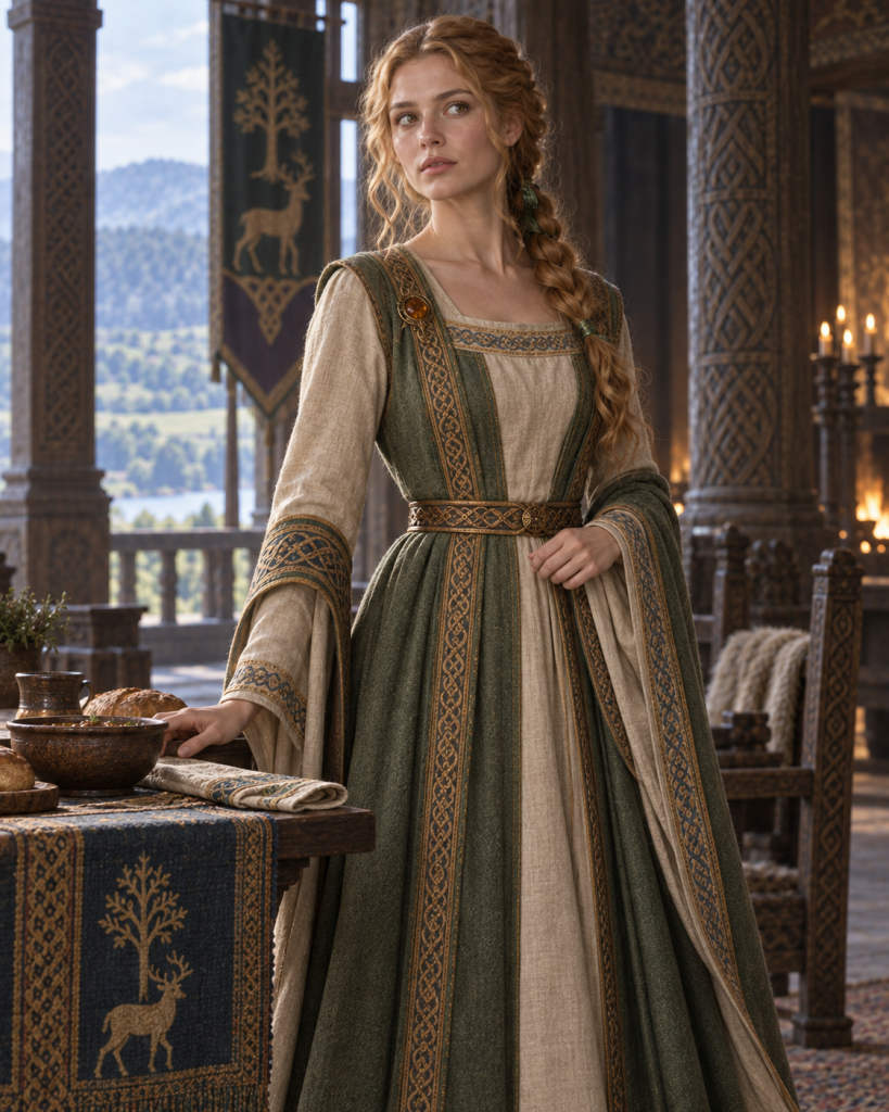 Queen Inahwen, golden-haired and lithe, attending to King Lluth’s meal in the Taig