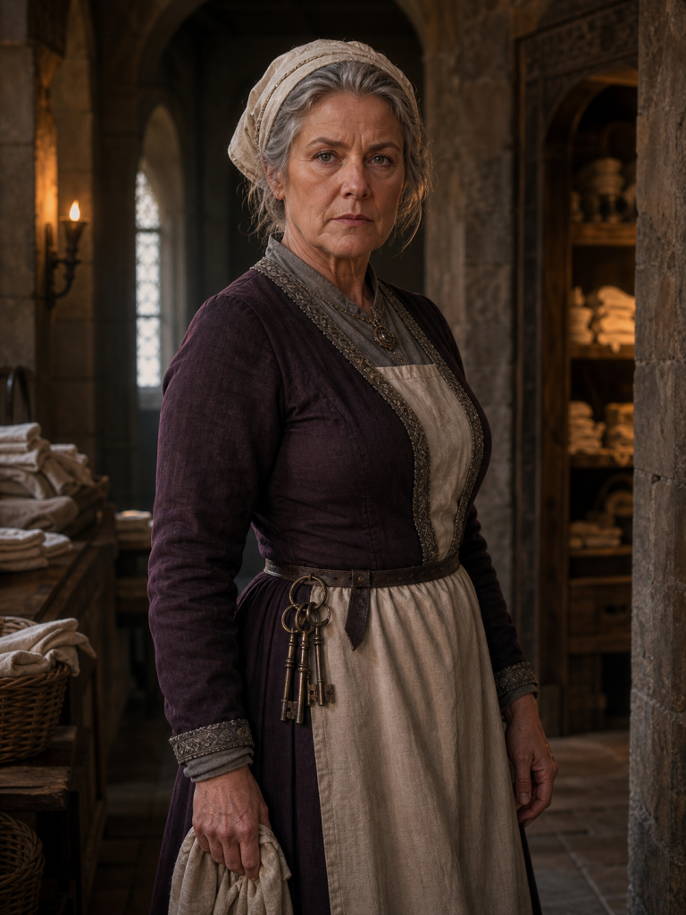 Rachel called the Dragon with steel-gray hair beneath a linen bonnet, dark plum wool gown, apron, household keys, and a stern expression in the Hayholt linen rooms