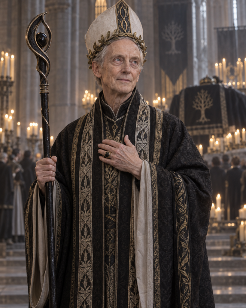Lector Ranessin, the handsome nearly seventy-year-old head of Mother Church, in black, silver, and gold ceremonial robes