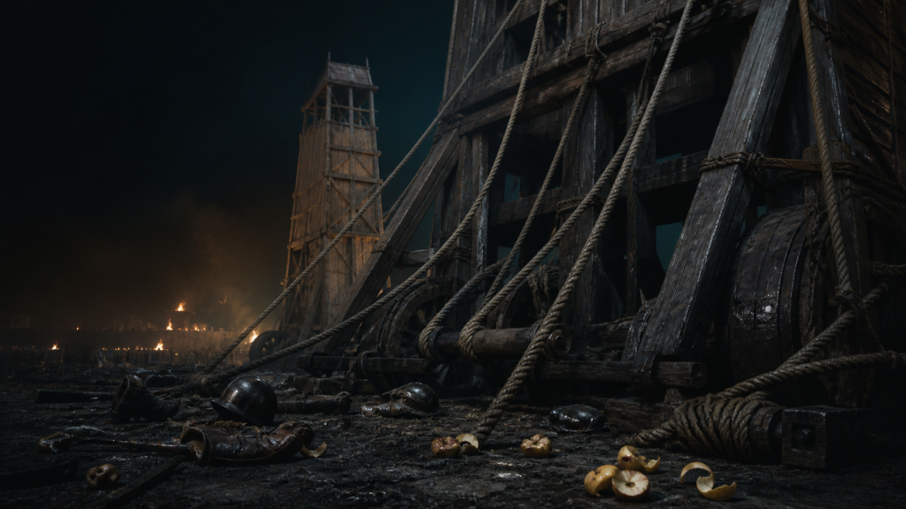 Empty siege towers, frayed ropes, discarded helmets, boots, and apple peels on a muddy battlefield