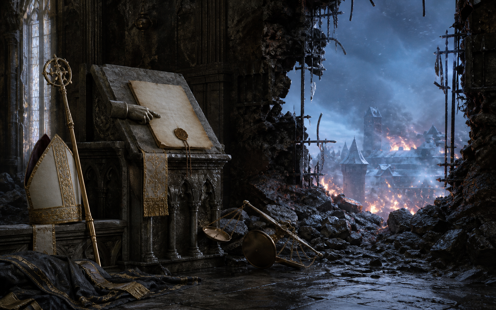 An abandoned bishop’s mitre and sealed doctrine beside a toppled balance and the breached burning walls of Naglimund