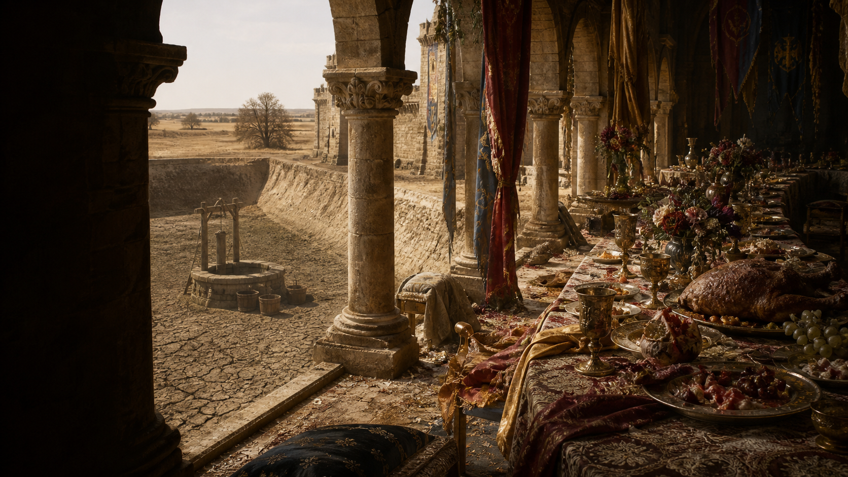 An abandoned royal banquet beside a cracked dry moat and empty castle well