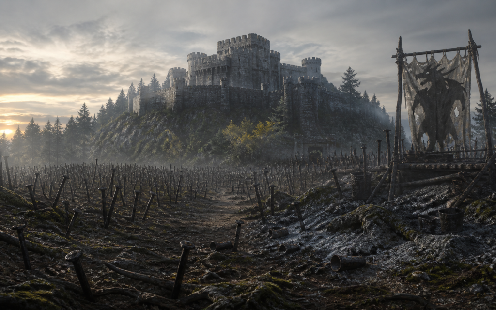 Naglimund rising beyond an immense field of rusting iron stakes and the abandoned frame of a crowd-made monster effigy