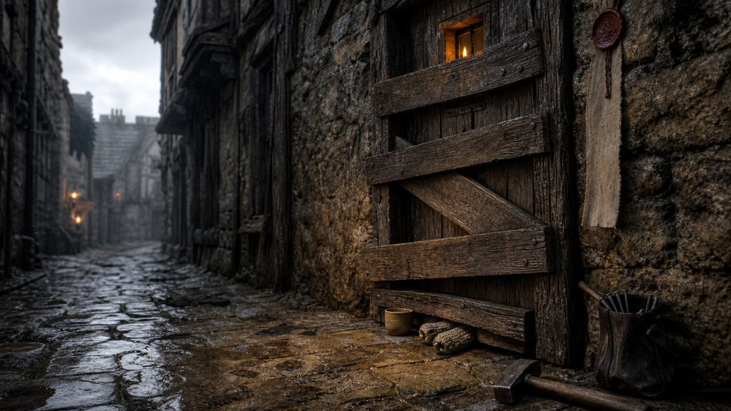 A poor Hayholt tenement door sealed from outside with heavy planks while a cup and child’s mitten remain at the threshold