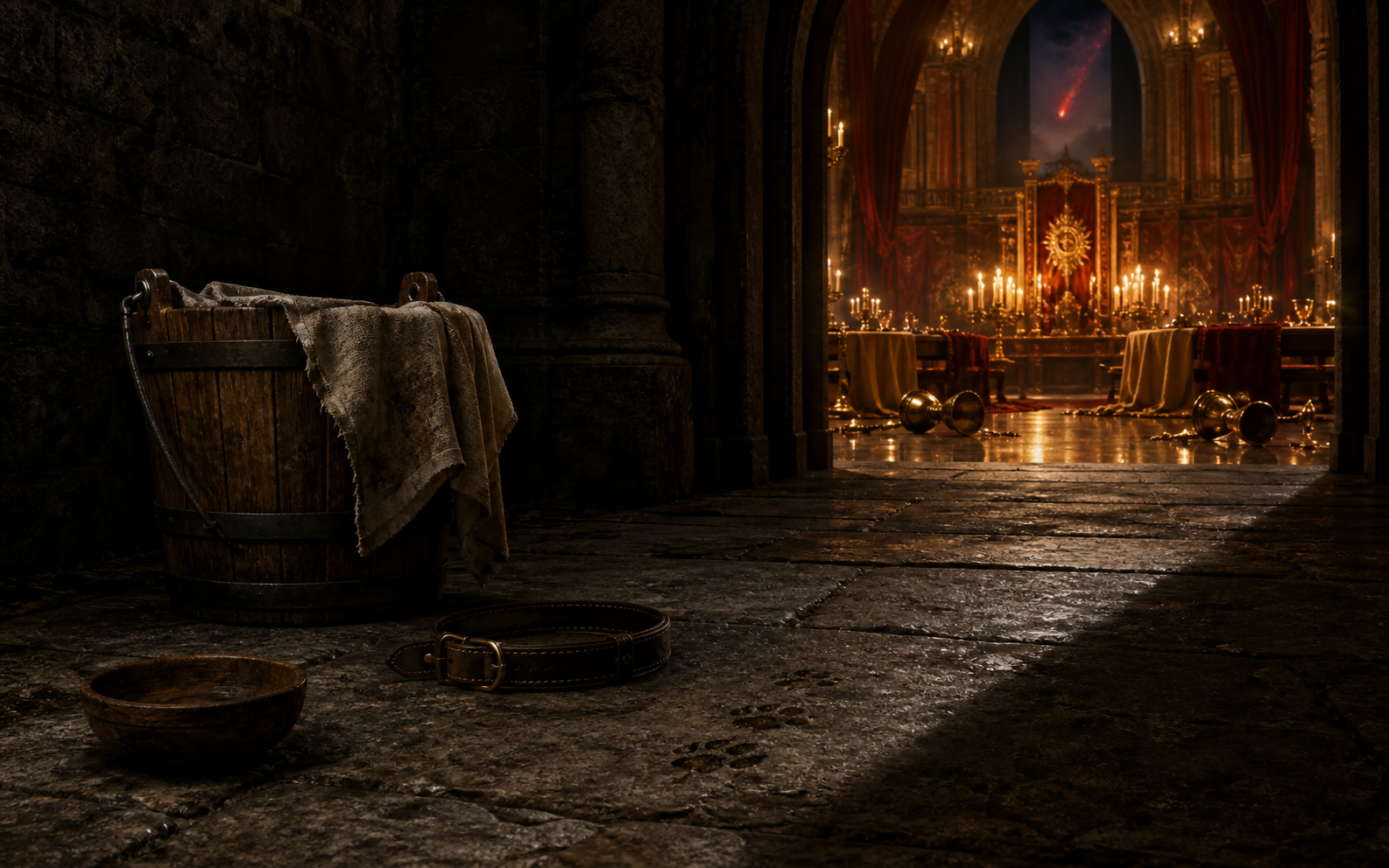 An empty puppy bowl and collar in a dark service passage outside a lavish coronation feast beneath a red comet