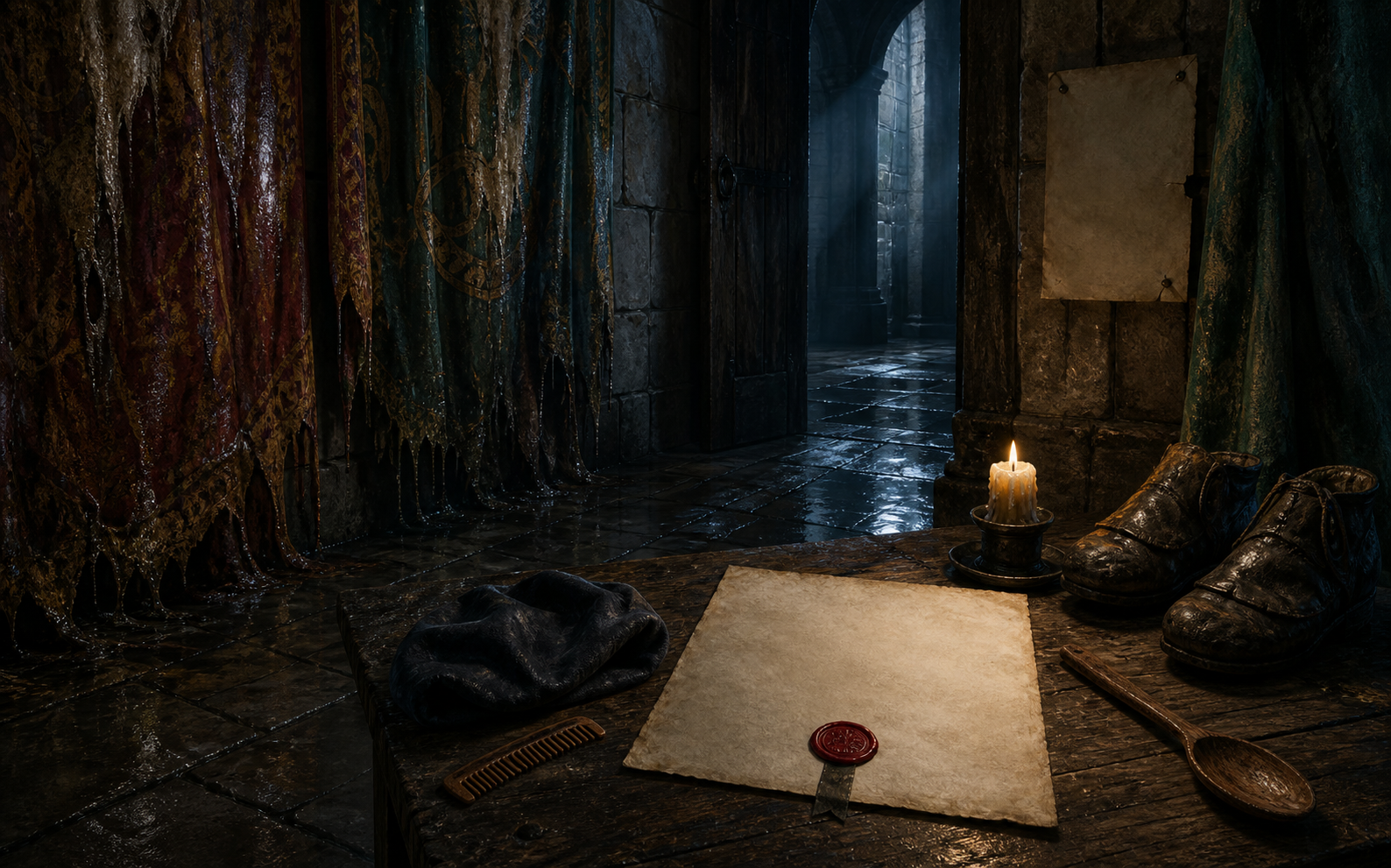 A blank sealed death notice beside a servant cap, boots, comb, and spoon in a chamber of rain-soaked tapestries