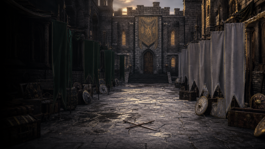 Green and gray household camps divided across an empty Hayholt courtyard before a closed throne-room door