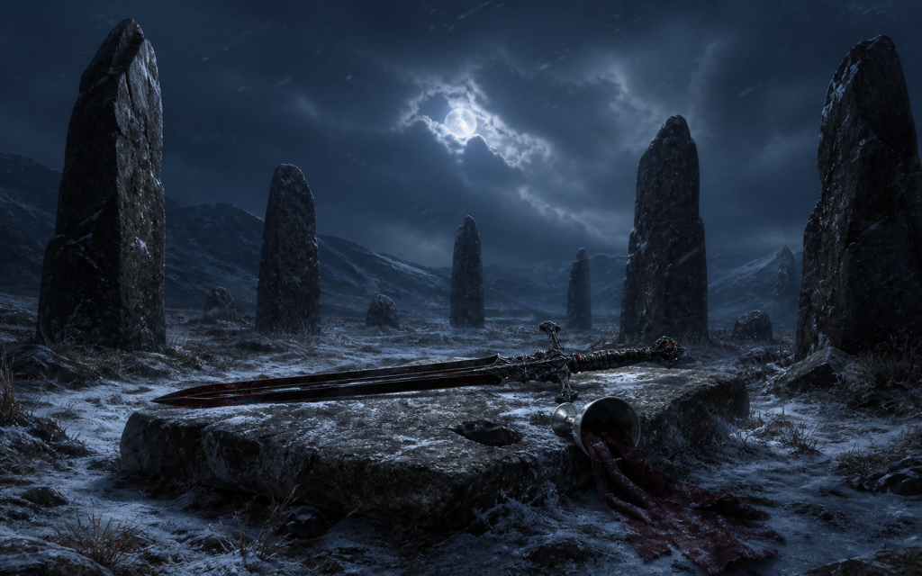 A black ceremonial sword, overturned silver cup, and torn royal cloth on an altar inside the moonlit Anger Stones