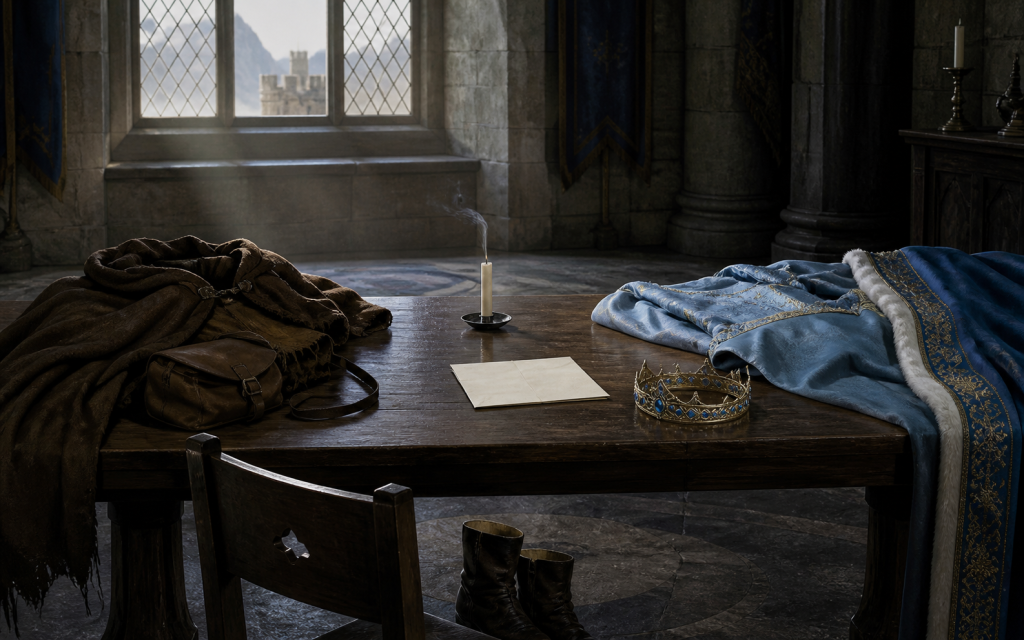 A worn servant cloak and travel satchel opposite a sky-blue royal gown and circlet with an unopened letter between them