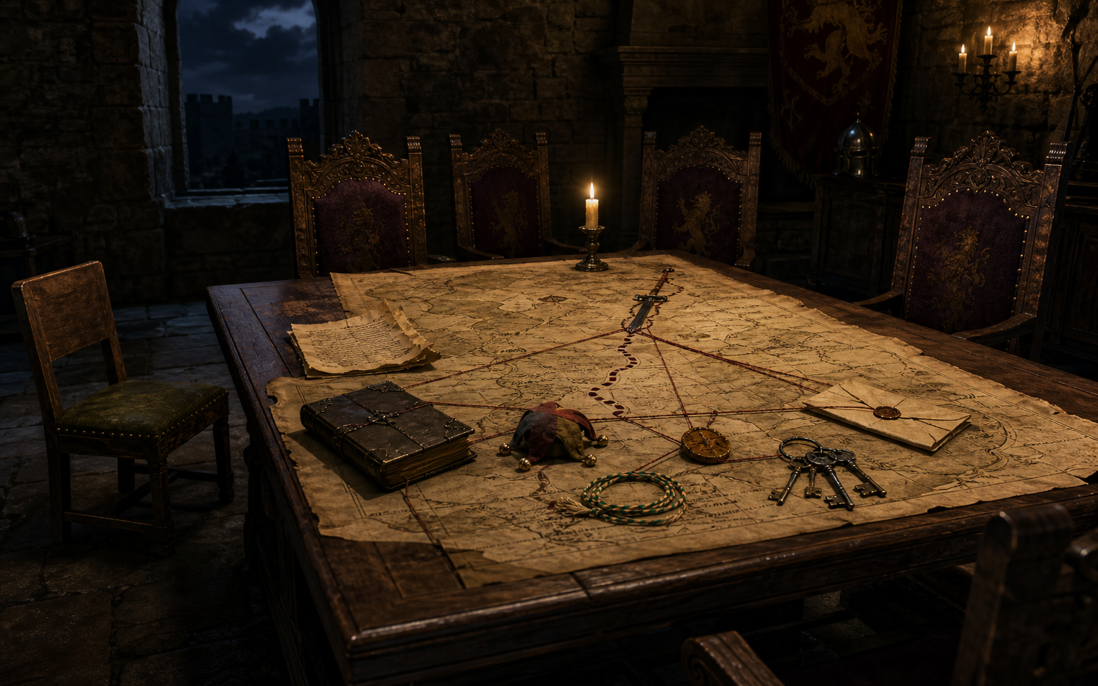 A fortress strategy table built from manuscripts, a jester’s cap, sealed letter, servant keys, and kinship cord beside an excluded chair