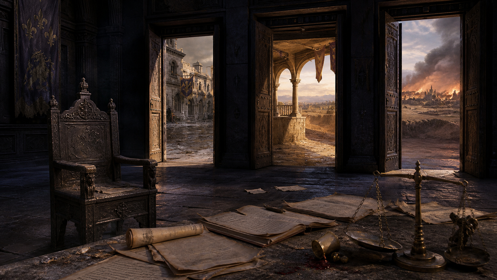 An empty judgment hall with an unbalanced scale and three doorways opening toward political consequences
