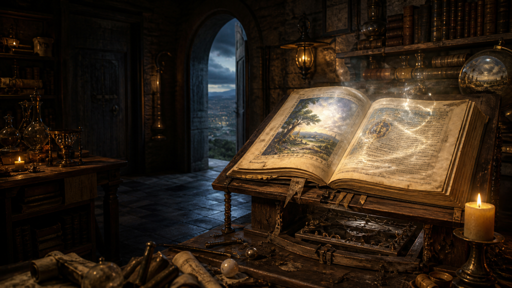 An illuminated manuscript opening a doorway through time above a hidden iron trap mechanism