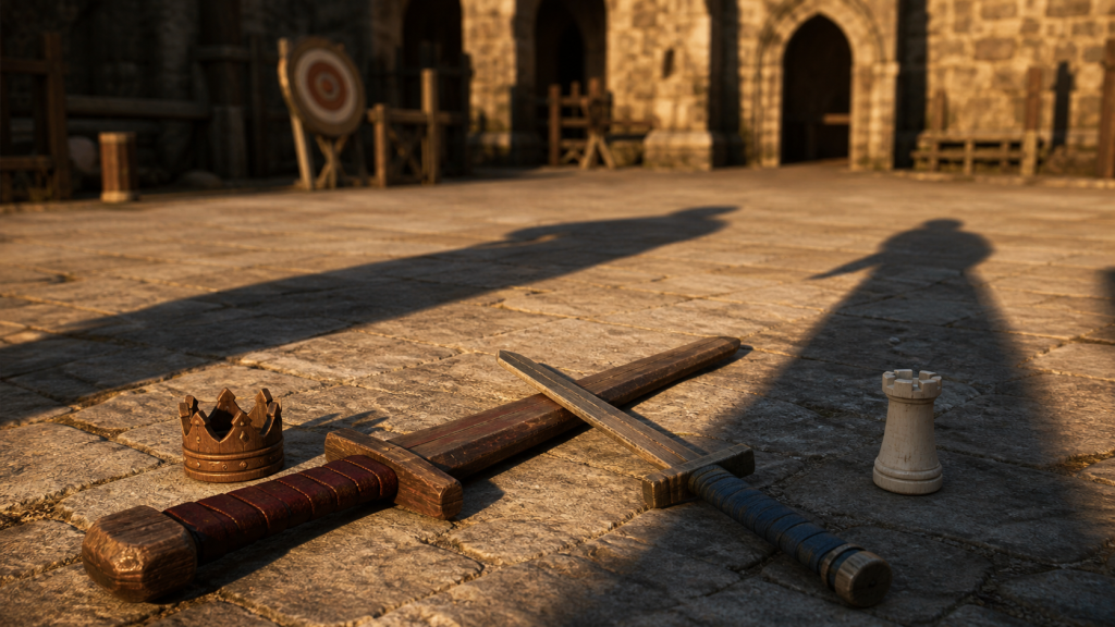 Two crossed wooden practice swords with red and blue grips between a toy crown and white tower