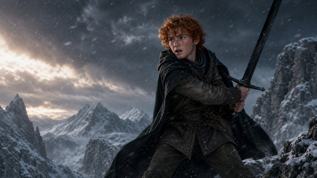 Fourteen-year-old Simon with copper-red hair, blue eyes, freckles, and no later dragon marks raising Thorn on snowy Urmsheim