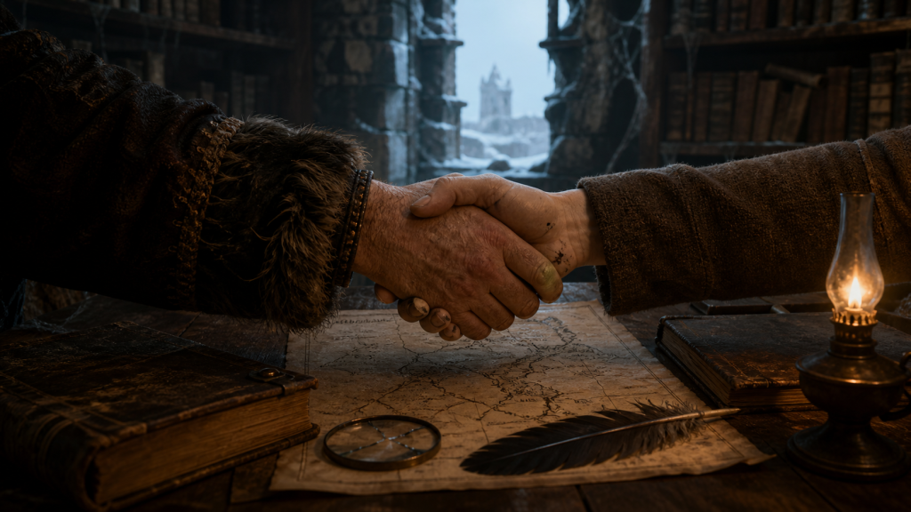 Two scholars’ weathered and ink-stained hands clasping above books and a map in a damaged castle library