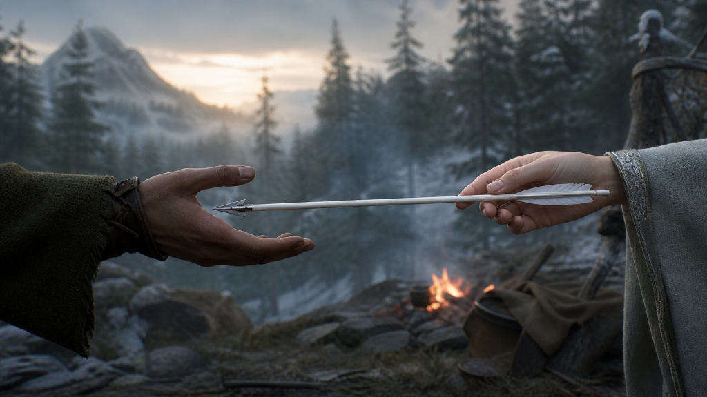 A graceful pale hand returning a single white arrow to the weathered hand of a young traveler in a snowy mountain forest
