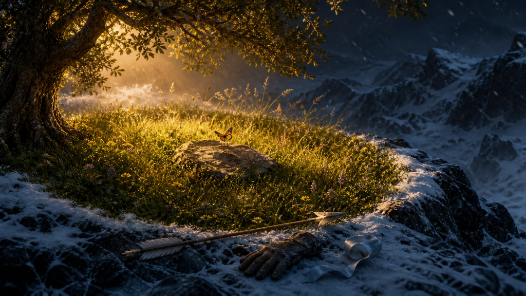 A circle of warm summer meadow and an ancient tree blooming on a frozen mountain beside a white arrow and worn glove