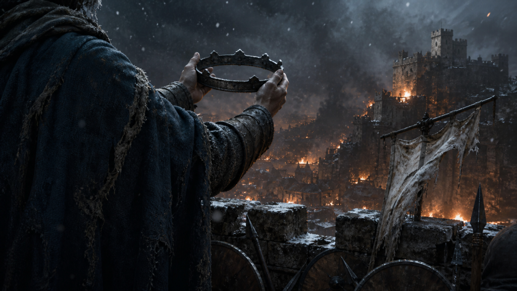 A cloaked prince lifting a damaged iron circlet above burning Naglimund while snow and ash fall together