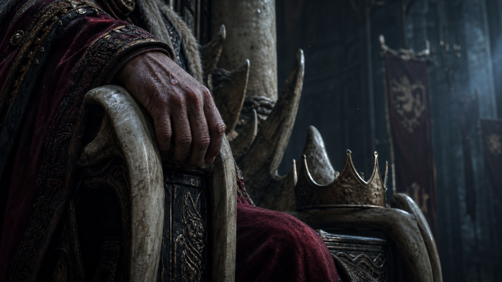 An aged king’s tear resting on his weathered hand beside a battle-worn crown and dragonbone throne