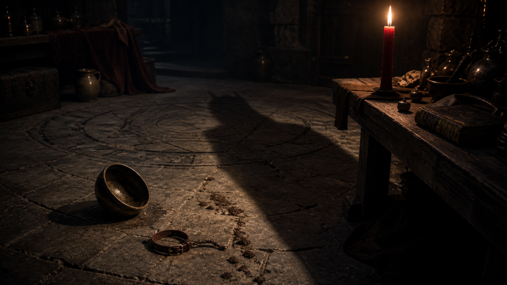 A tiny abandoned leather collar and overturned water bowl beneath the shadow of an unseen sorcerer