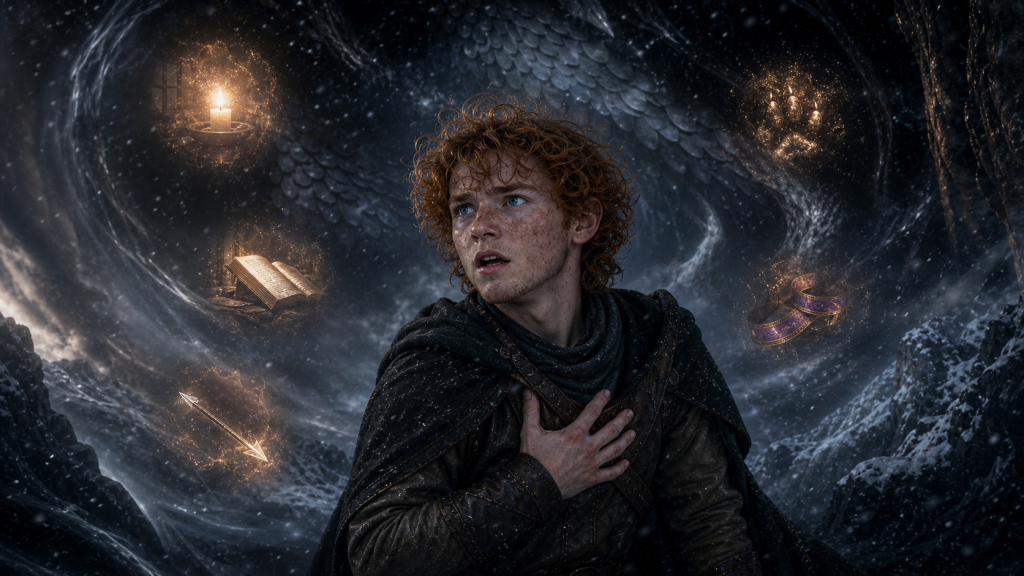 Fourteen-year-old Simon with the approved red-haired identity holding his chest while dragon memory and personal symbols surround him