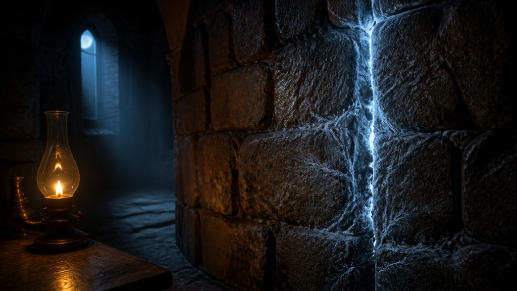 An ancient Hayholt wall split by a cold blue-white seam beside a single warm oil lamp