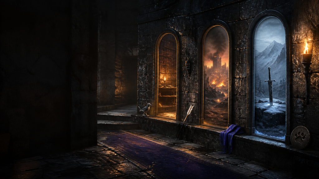 A dark castle memory gallery opening toward book-light, a burning siege, and a snowy sword milestone