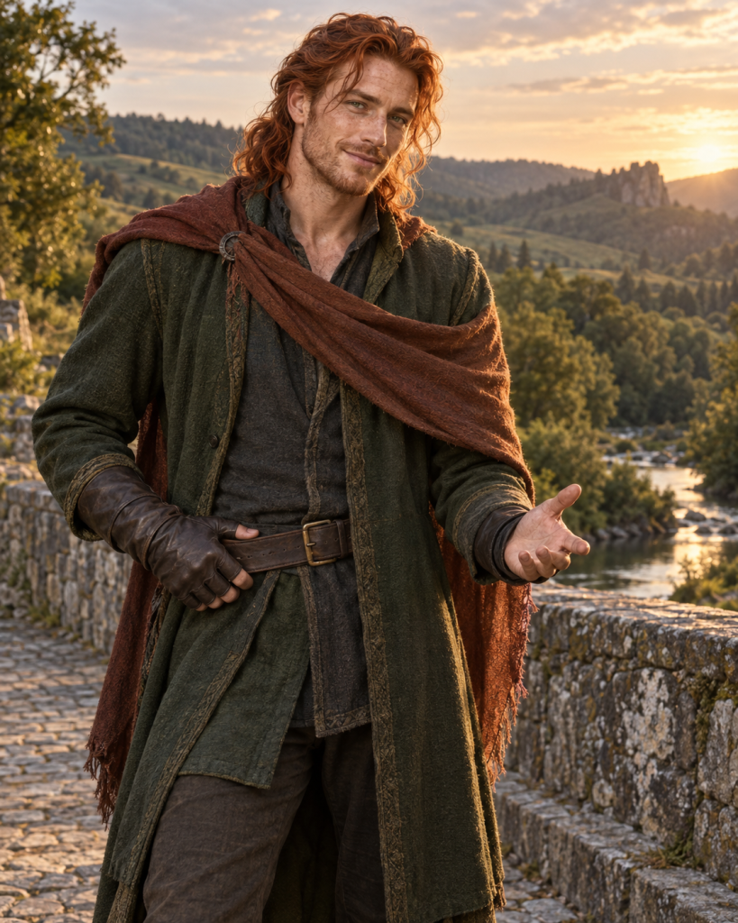 Red Hathrayhinn, a copper-haired story adventurer, smiles on an old stone bridge at sunset