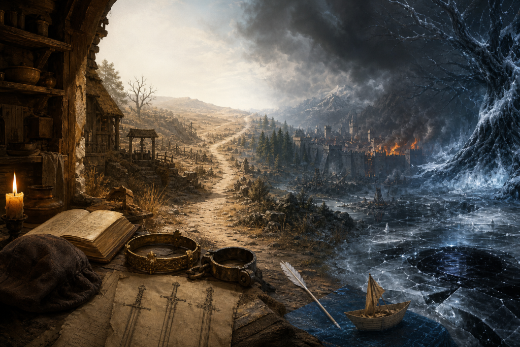 A candlelit Hayholt worktable opening onto a drought-struck road, burning Naglimund, black ice, sword records, a white arrow, and a manuscript boat