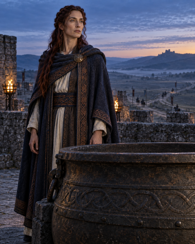 Rhynn, an androgynous Hernystiri devotional figure, stands beside the ancient warning Cauldron at dawn