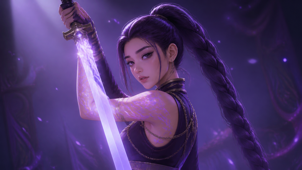 Original CVM Sekai fan art of Rumi holding her glowing sword while violet markings show on her arm