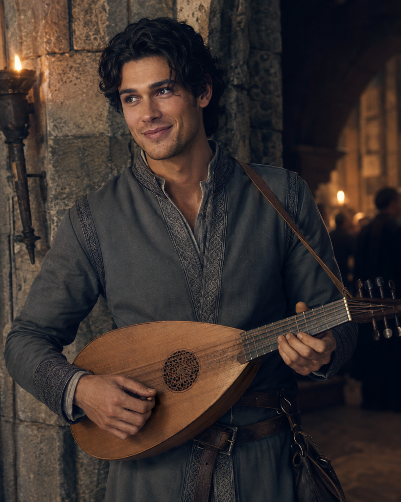 Sangfugol, Josua’s handsome dark-haired harper, holding his ashwood lute