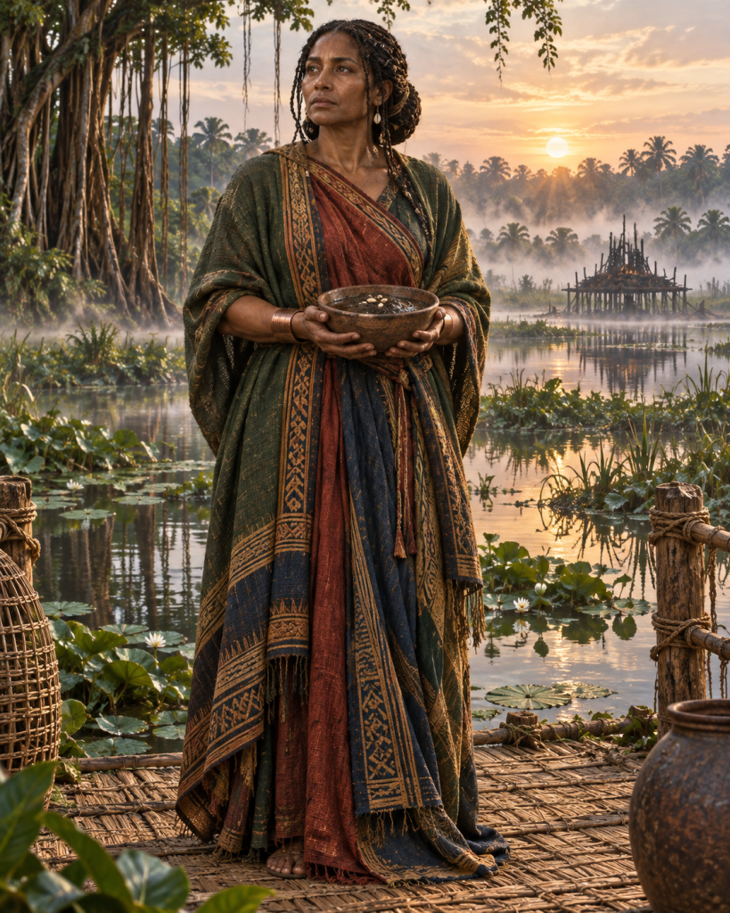 A Wran devotional interpretation of She Who Birthed Mankind holding a bowl of soil, seeds, and water at dawn