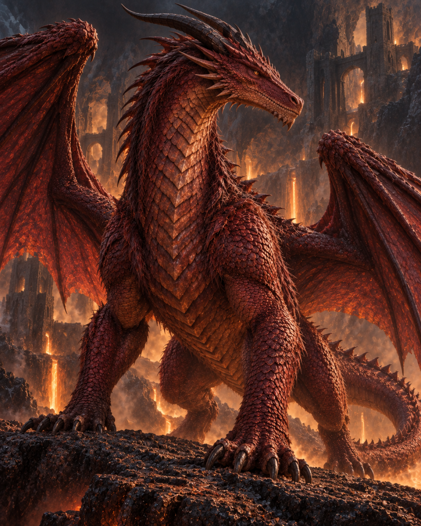 Shurakai, the enormous red dragon beneath Asu-a before her battle with Prester John