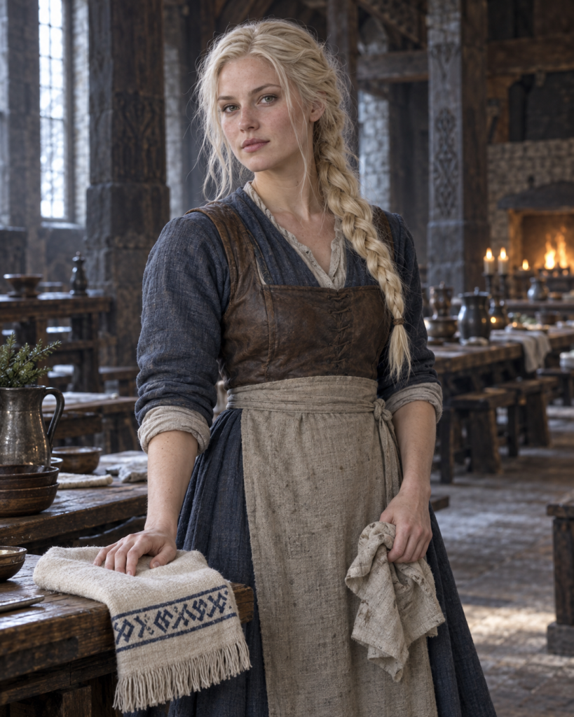 Sigmar, a nearly white-haired young Rimmerswoman, stands beside her pale rune-woven scarf in Naarved's occupied hall
