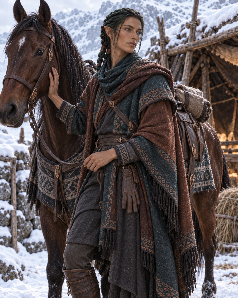 Sijandi, an androgynous dark-haired Sitha horse-tender, caring for an expedition horse below Urmsheim