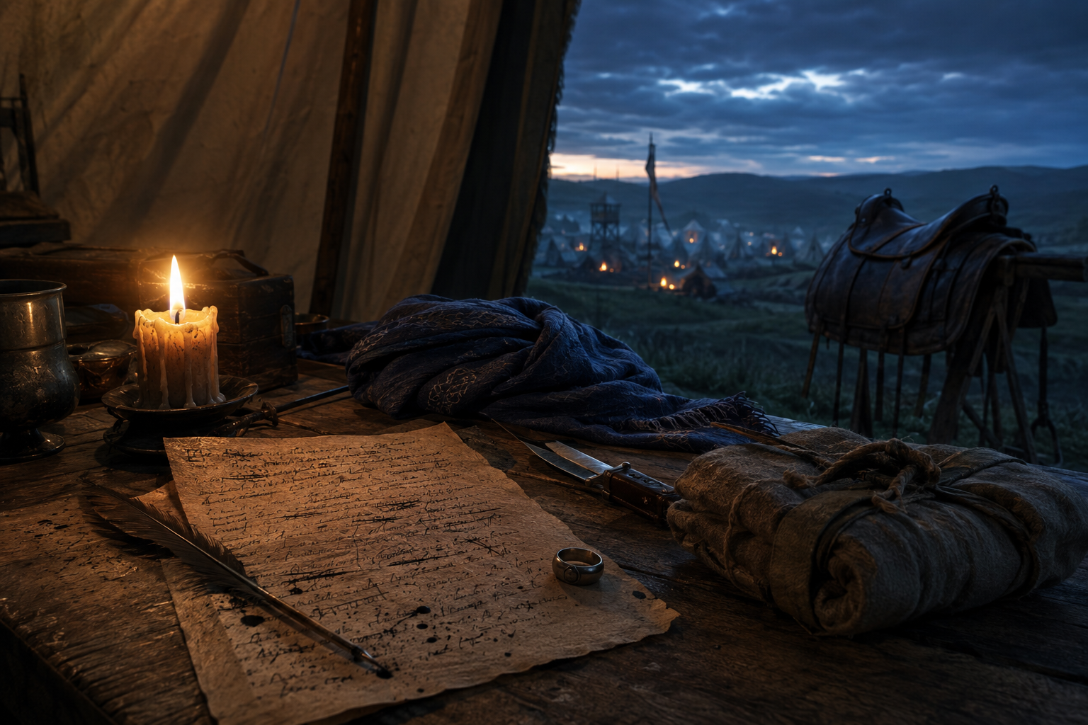 A blotted farewell note, travel bundle, knight ring, blue scarf, and empty saddle