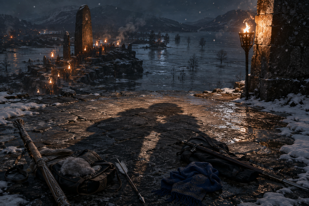 Two embracing shadows on a torchlit flooded shore beside a carved Qanuc staff, fur-lined bag, White Arrow, blue scarf, and dark sword bundle