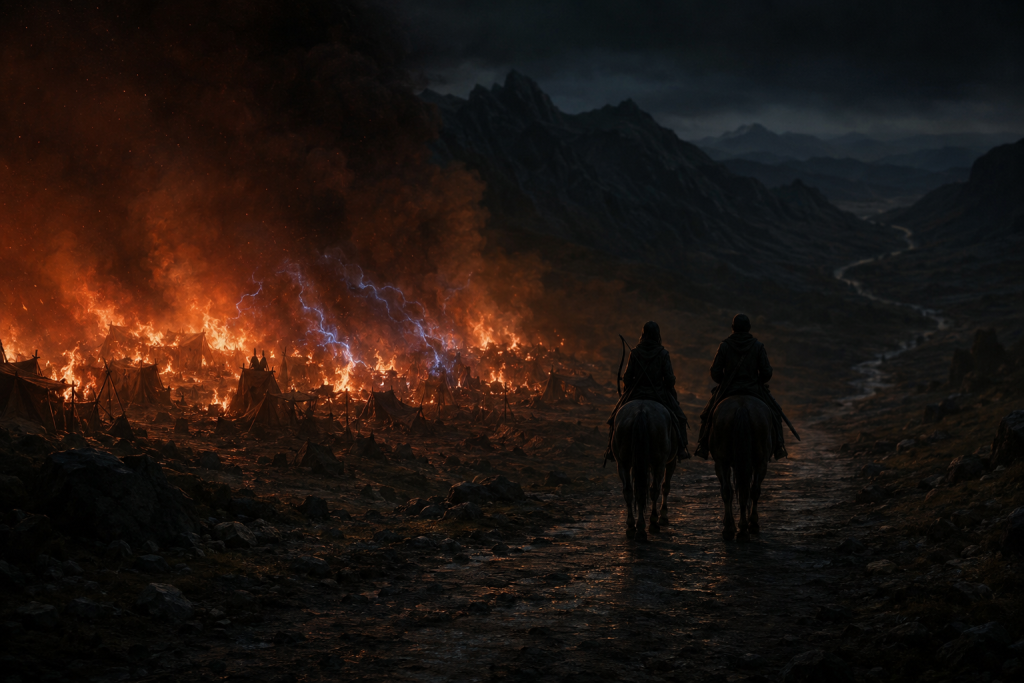 Two distant backlit riders traveling into a dark mountain road while an orange-red camp fire threaded with cold blue burns behind them