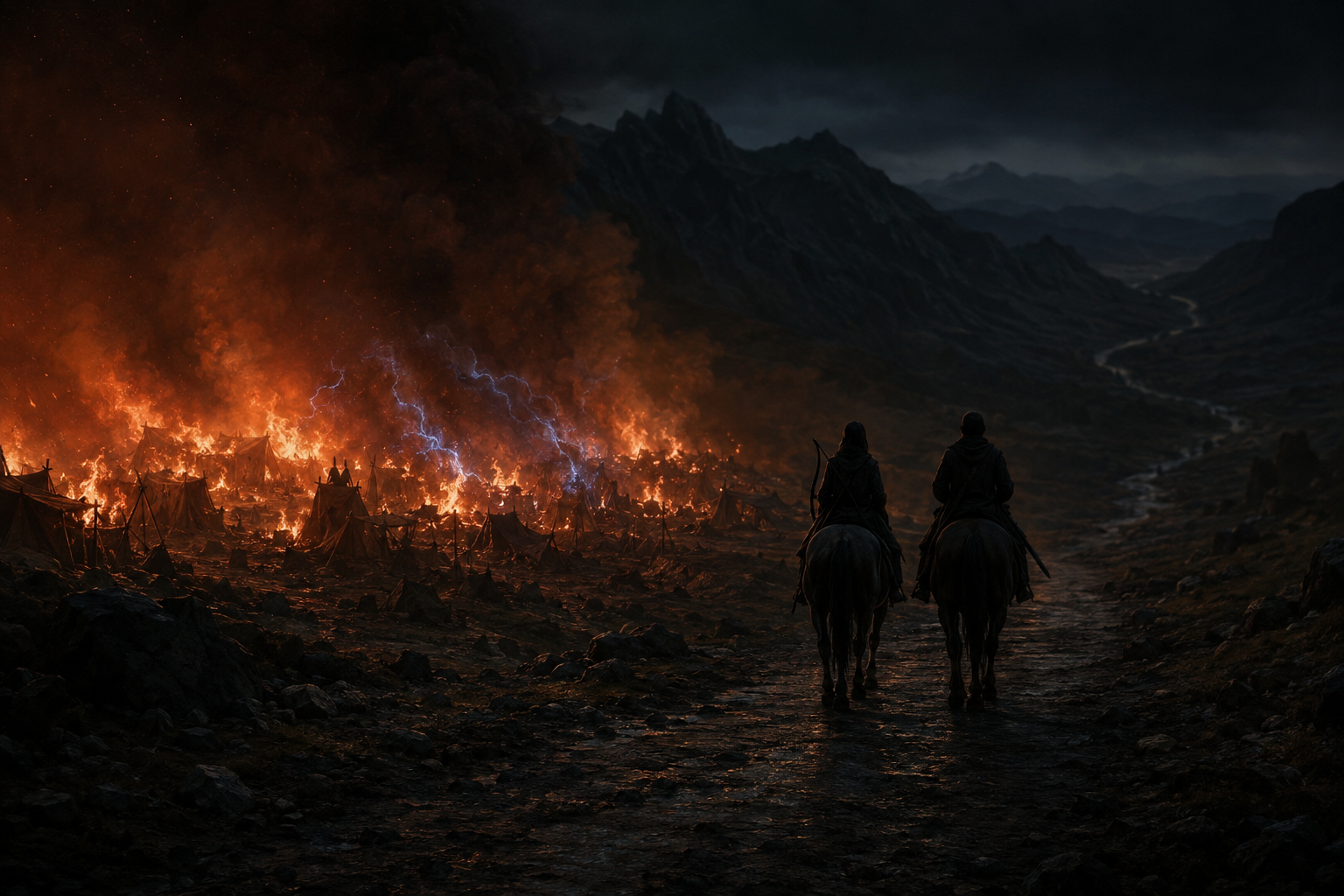 Two distant riders leave a burning refugee camp and enter a dark mountain road