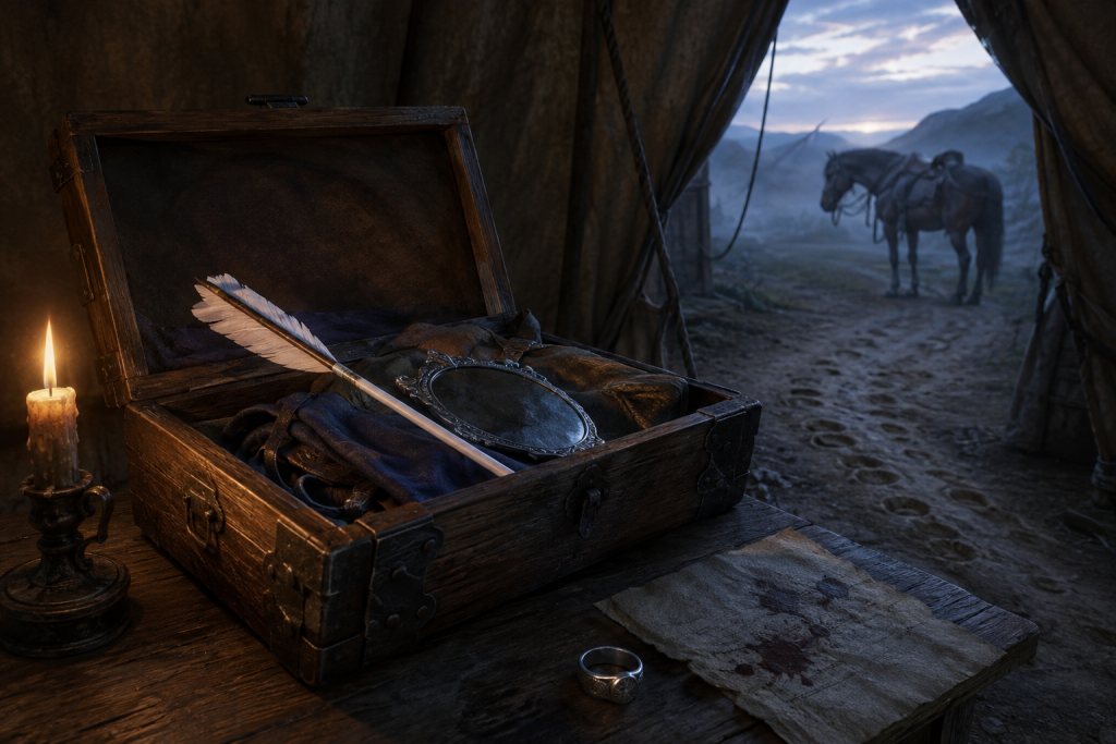 A White Arrow and dark-silver hand mirror reclaimed from an open travel chest beside a blotted farewell, ring, and empty saddled horse