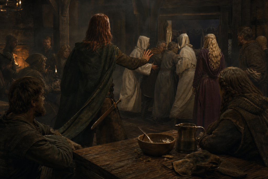 Simon stands from an abandoned supper and raises one hand as three white-robed Fire Dancers seize a couple in a silent tavern