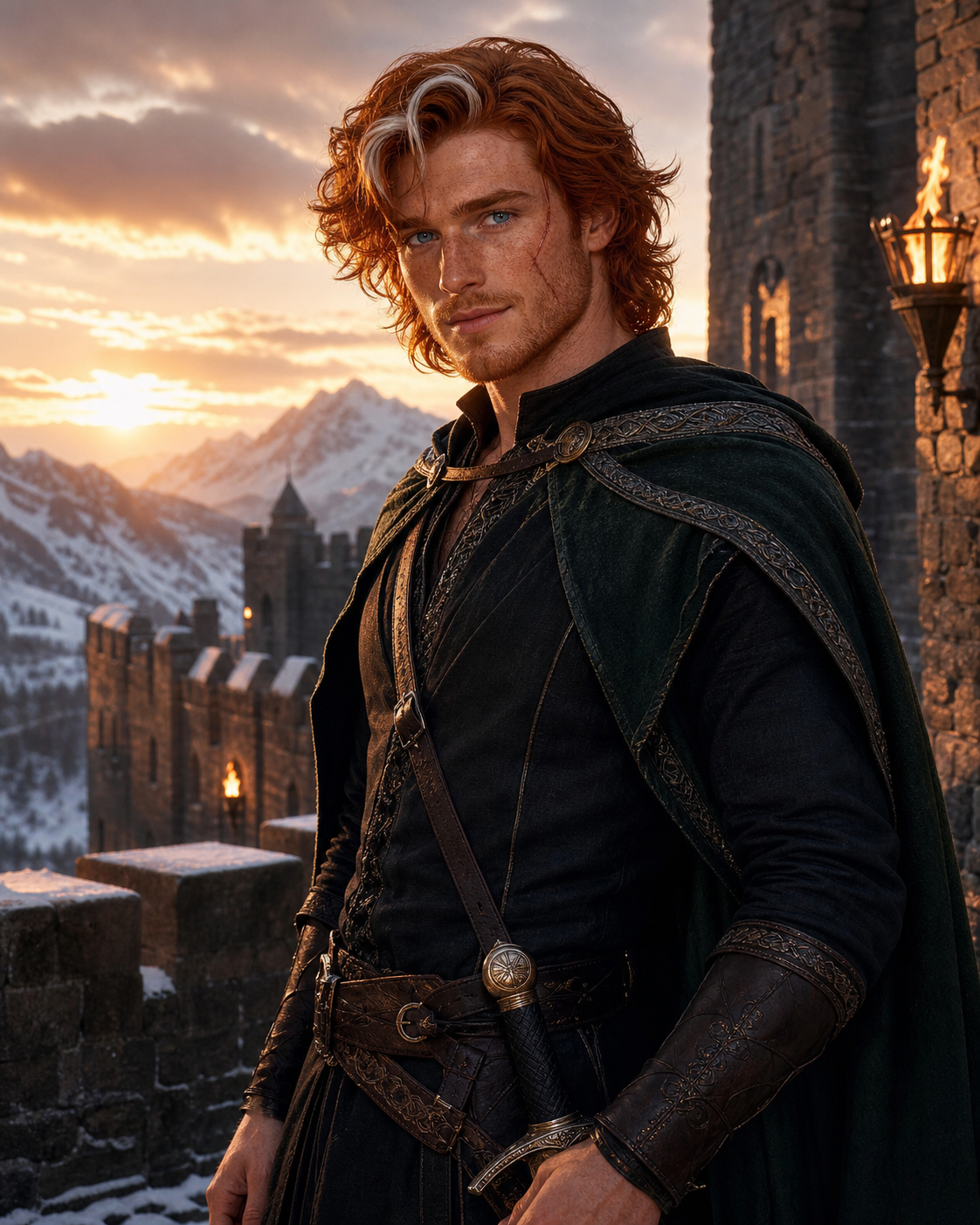 Adult Simon Seoman Snowlock with copper-red hair, a white forelock, blue eyes, freckles, facial scar, and lean sword-trained build