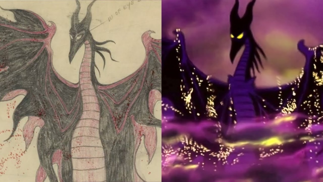 Maleficent dragon pencil test beside the final Sleeping Beauty animation