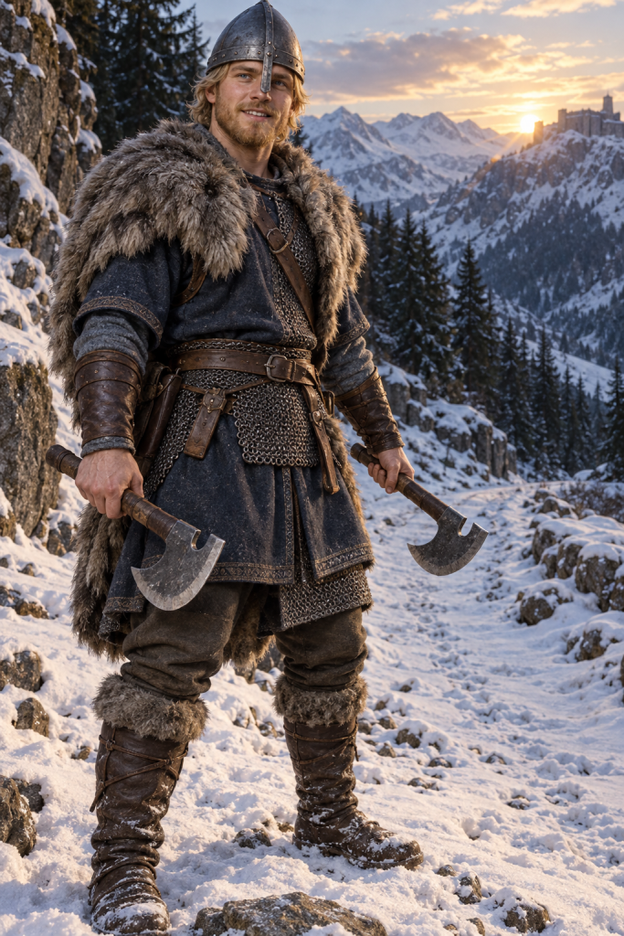 Sludig holding his two notch-bladed axes on the snowy road below Urmsheim