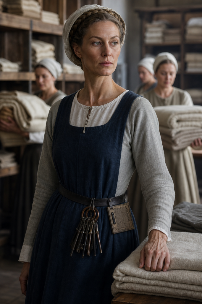 Lean elegant Sophrona with slender capable hand, gray-green eyes, braided dark-blonde hair beneath a linen coif, dove-gray gown, deep-blue linen-room apron, keys, tally tablet, folded sheets, and blanket-carrying maids