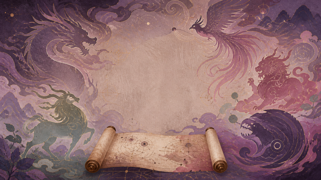 Original symbolic watercolor composition of dragon, fenghuang, qilin, Nian, and Mo forms around an open research scroll
